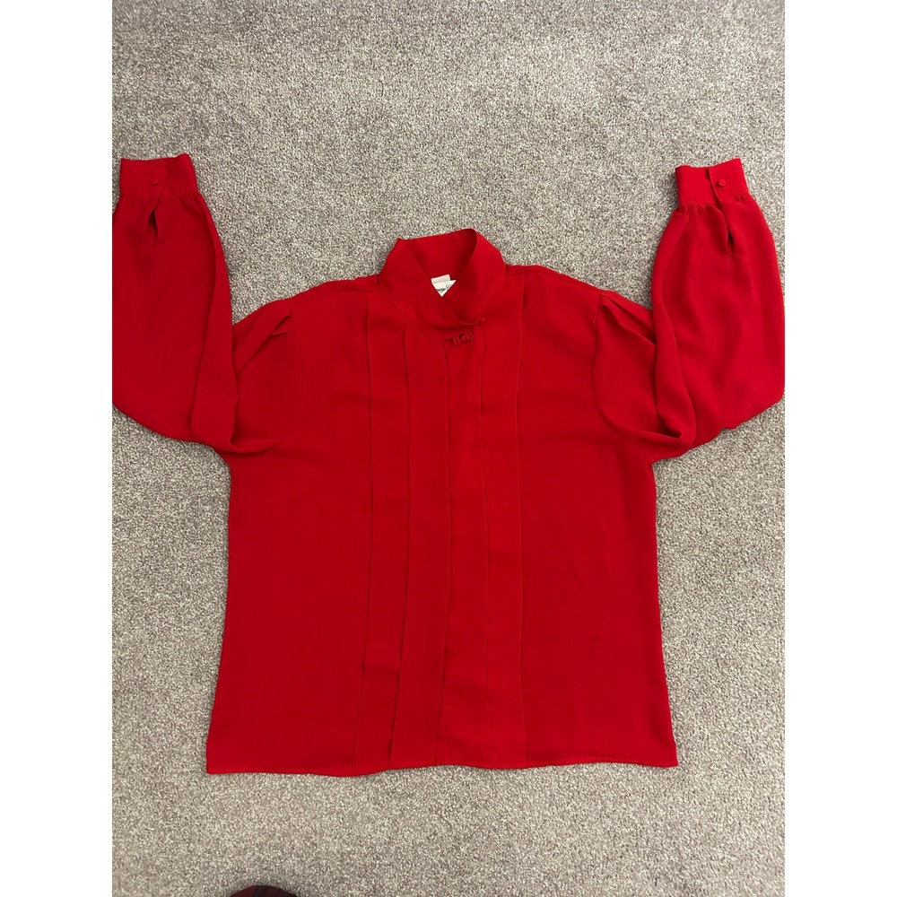 Carriage Court Blouse Womens L Red Excellent Vintage Pleated Mock Neck Bishop